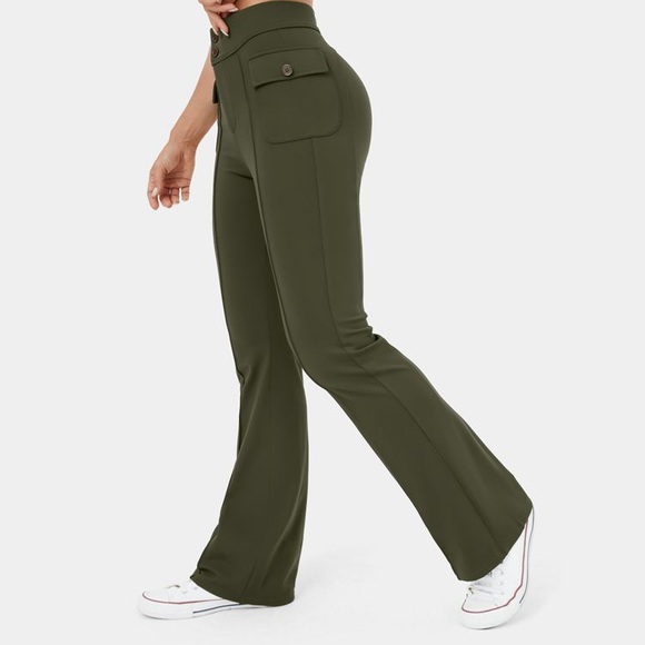 HALARA Pants - Cargo High Waisted Button Side Flap Pocket Flare Green, Large